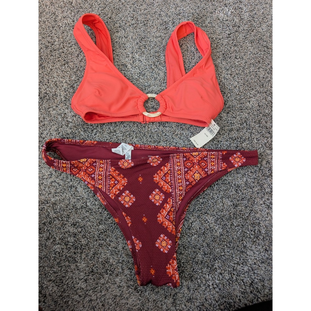 Aerie Women Bikini Set Coral Ring Top XXS Burgundy‎ Geometric Bottoms Medium NEW